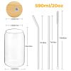 4 Set Glass Cups with Bamboo Lids and Straws, 20oz Can Shaped Drinking Beer Glasses, Iced Coffee Cups, Cute Tumbler with 2 Cleaning Brushes