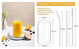 4 Set Glass Cups with Bamboo Lids and Straws, 20oz Can Shaped Drinking Beer Glasses, Iced Coffee Cups, Cute Tumbler with 2 Cleaning Brushes