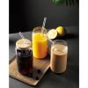 4 Set Glass Cups with Bamboo Lids and Straws, 20oz Can Shaped Drinking Beer Glasses, Iced Coffee Cups, Cute Tumbler with 2 Cleaning Brushes