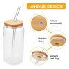 4 Set Glass Cups with Bamboo Lids and Straws, 20oz Can Shaped Drinking Beer Glasses, Iced Coffee Cups, Cute Tumbler with 2 Cleaning Brushes