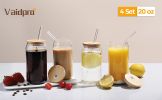 4 Set Glass Cups with Bamboo Lids and Straws, 20oz Can Shaped Drinking Beer Glasses, Iced Coffee Cups, Cute Tumbler with 2 Cleaning Brushes